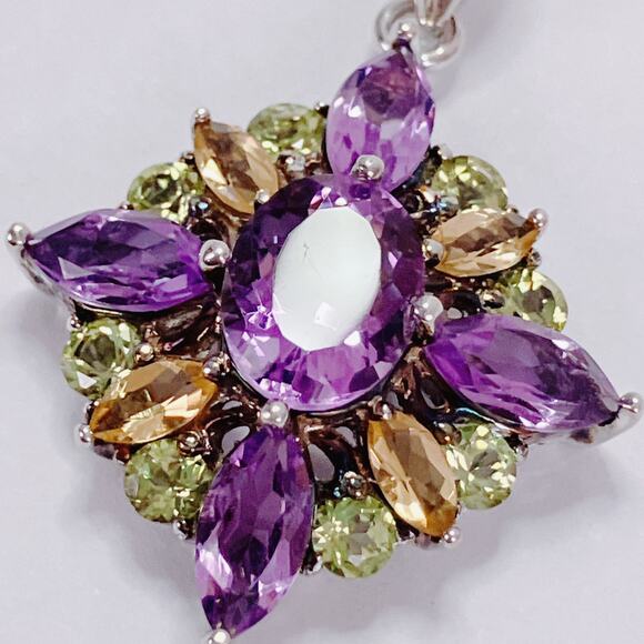 Sterling Silver Amethyst Peridot Citrine Floral Star Cluster Pendant Necklace - Picture 12 of 17